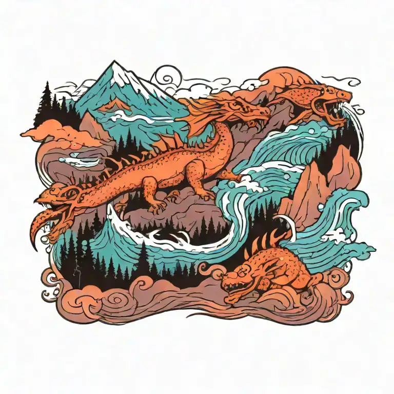 A mountain landscape with a dragon flying overhead and a family of fish swimming below tattoo design idea