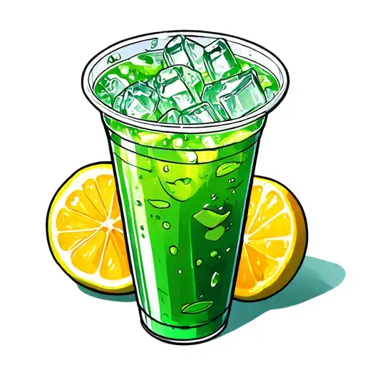 plastic cup, green drink inside, whit ice inside. no lemon, no lime. tattoo design idea
