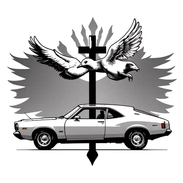 I want you to create a black and white tattoo with a amc gremlin car and a dove sitting on top of the roof and a cross i tattoo design idea