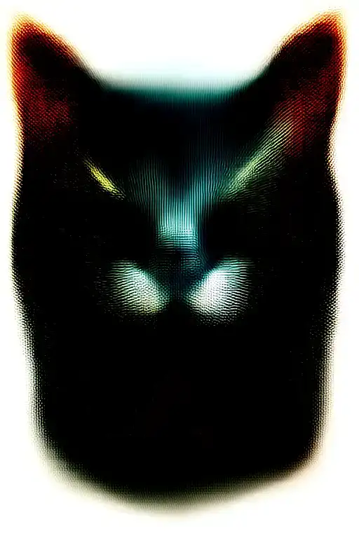 junkyard cat face. Wide black stripe down his face. lips tucked.teeth are out and showing with a large broken top fang tattoo design idea