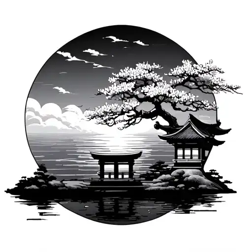 Japanese sunrise with shrine and Sakura tree tattoo design idea