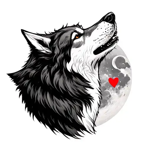 wolf howling at the moon with heart tattoo design idea