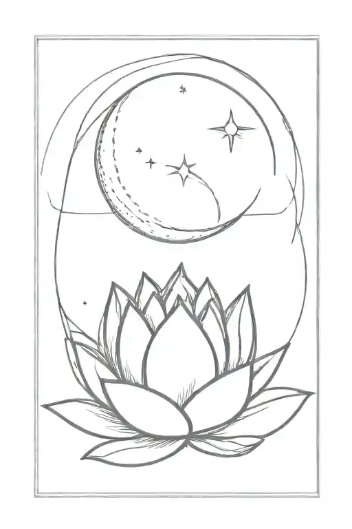 New Moon, a thin semicircle, as if it had just appeared in the sky. Center: Lotus, with petals open, pointing tattoo design idea
