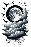 moon covered by clouds with birds flying and xo till we overdose tattoo design idea