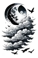 moon covered by clouds with birds flying and xo till we overdose tattoo design idea