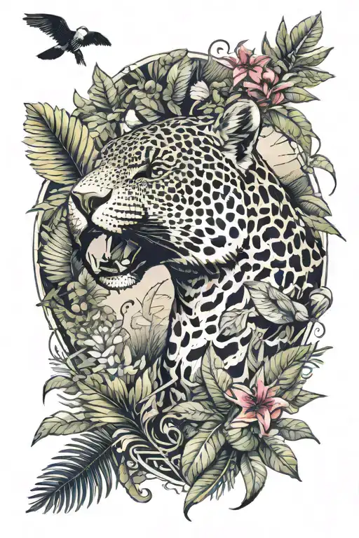 Shape of Guyana. Inside Jaguar head emerging. Surrounded by Amazonian vegetation. Toucan in flight above tattoo design idea