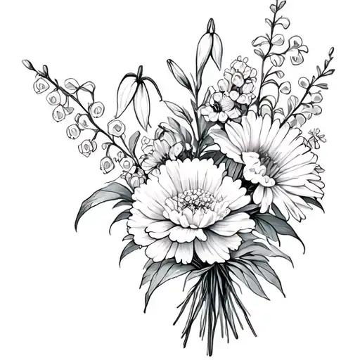 bouquet with carnation, snowdrop, chrysanthemum, gladiolus, lily of the valley tattoo design idea