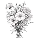 bouquet with carnation, snowdrop, chrysanthemum, gladiolus, lily of the valley tattoo design idea