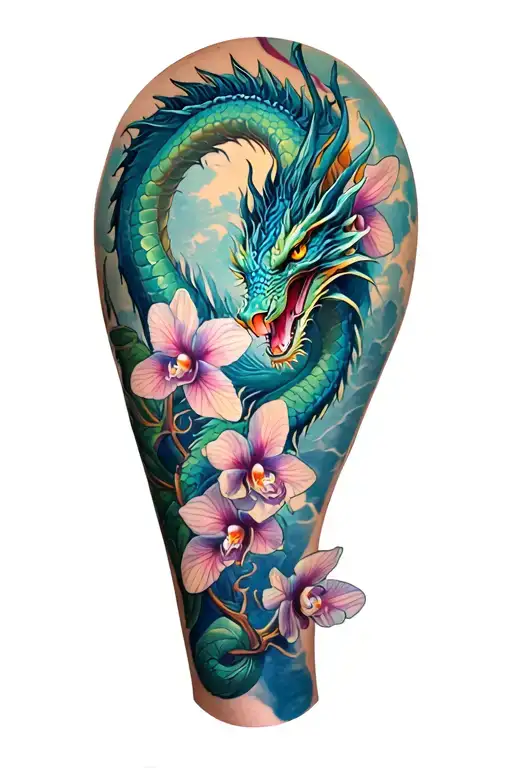 full leg tattoo dragon and orchids tattoo design idea