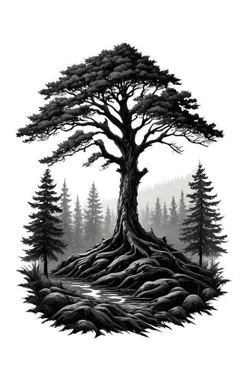 forest scene featuring tree tattoo design idea