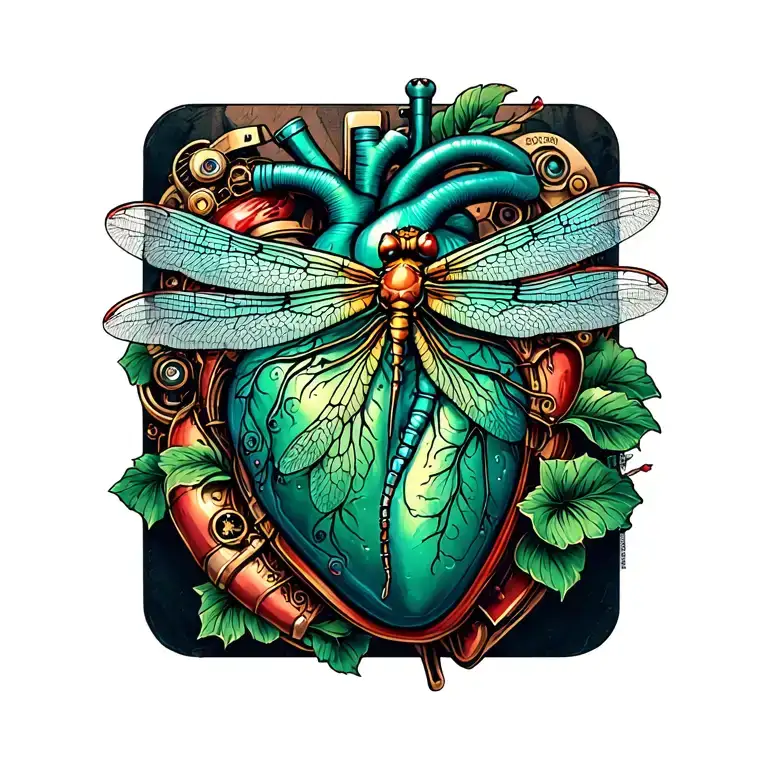 steampunk style human heart with a dragonfly landed on it, the dragonfly should have mostly shades of green tattoo design idea