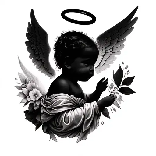 Baby, silhouette with angel wings, and halo placed on collarbone tattoo design idea