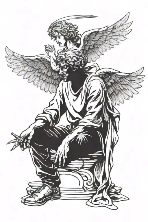 Stylized, in black and white. A seated angel with his head down, a knife in his hand, clipped wings in the foreground. B tattoo design idea