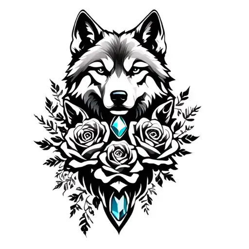 wolves, gems and roses intertwined tattoo design idea