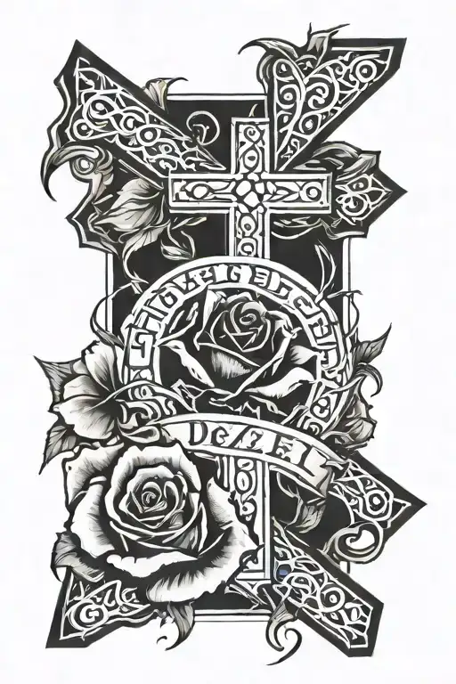 The word "Dez" inside of a cross wrapped in a rose covered in thorns with a water ripple at the bottom of the cross tattoo design idea