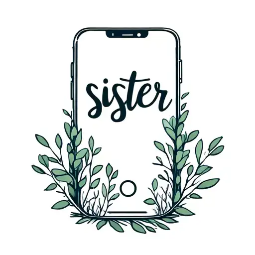 "sister" A minimalist design with eucalyptus, cellphone hidden among the trees tattoo design idea