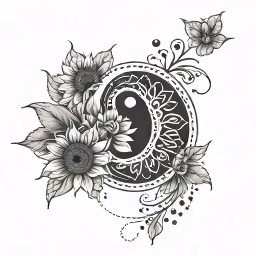 A delicate design of a sunflower and a paw print forming a yin yang symbol, representing balance and harmony tattoo design idea
