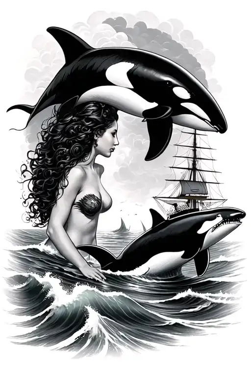 if the ocean was a woman, tasteful nude with the black pearl ship in the background, an orca, and a great white fighting tattoo design idea