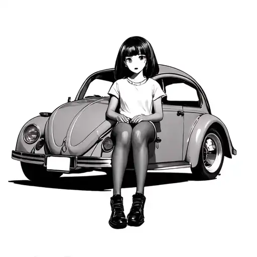 anime girl sitting on vw Beetle tattoo design idea