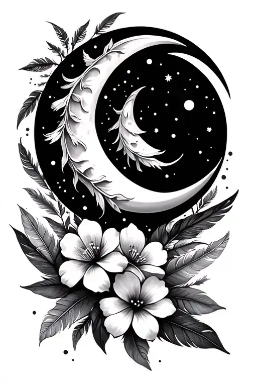 Crescent moon with feathers and flowers with fine lines tattoo design idea