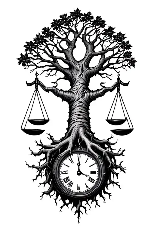 midevil tree of life with roots, harley knucklehead engine, libra scales, time tattoo design idea