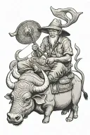 Vietnamese farmer in traditional triangle hat sitting on a water buffalo with big horns tattoo design idea