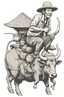 Vietnamese farmer in traditional triangle hat sitting on a water buffalo with big horns tattoo design idea
