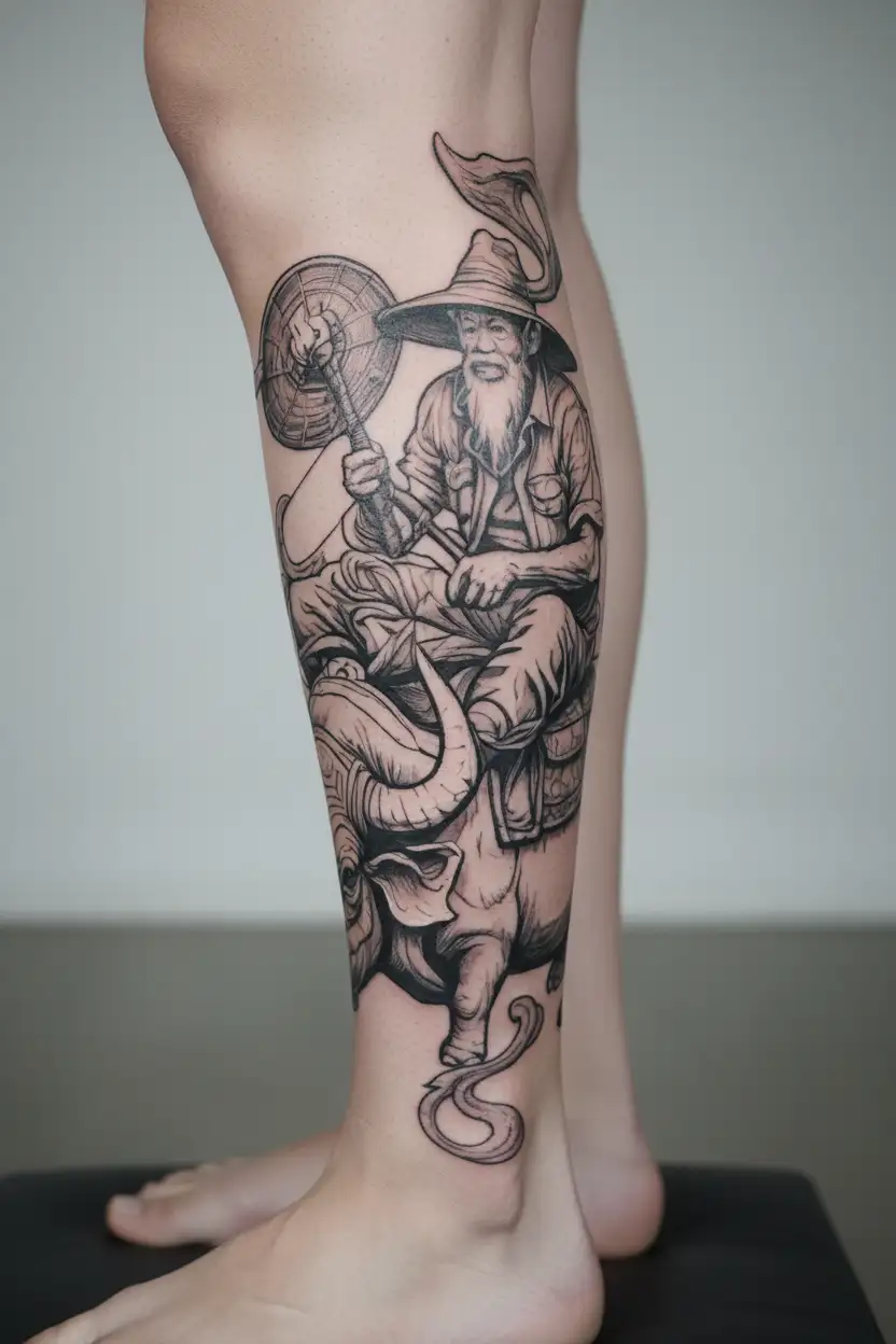 Vietnamese farmer in traditional triangle hat sitting on a water buffalo with big horns tattoo design idea