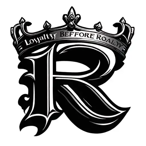"Loyalty Before Royalty" crown above R in old english script font tattoo design idea