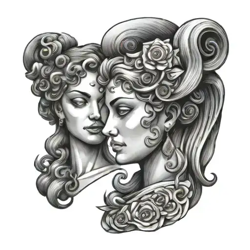 gemini two faces statue head profile traditional lady head tattoo design idea