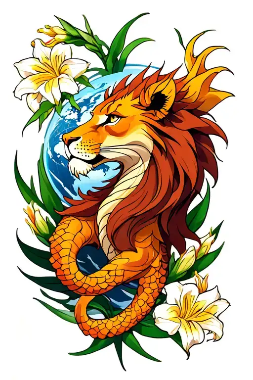 leo zodiac sign surrounded by gladiolus flower and earth dragon tattoo design idea