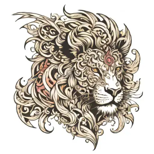So draw a tattoo design on a white background, it should depict a formidable lion, with many symbols, similar to the sym tattoo design idea