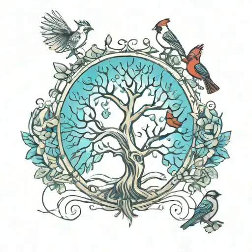 tree of life with cardinal  flying from tree tattoo design idea