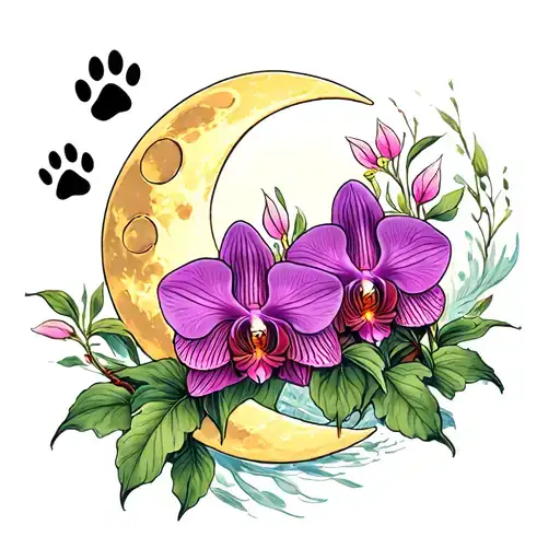 moon, Pisces, orchids and dog paw prints tattoo design idea