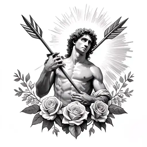 patron saint Sebastian with arrows and roses with an angle shinning light onto him tattoo design idea
