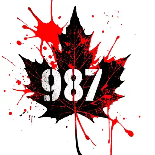 red maple leaf with numbers 987 in black superimposed tattoo design idea