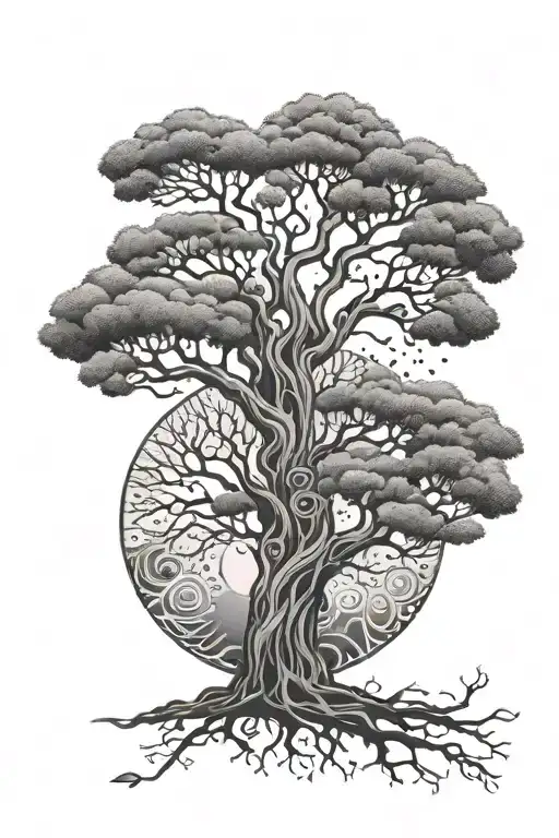 Suminagashi inspired tree of life tattoo design with two circles behind the tree tattoo design idea