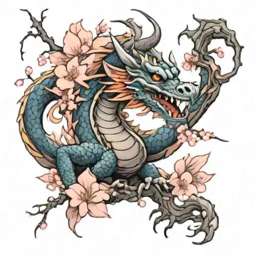 dragon and cherry blossom tree tattoo design idea