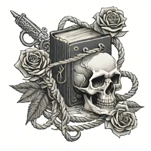 Book tatttoo bound in ropes, dark romance vibe, skull, rose, gun, knife, mafia, demon, fantasy tattoo design idea