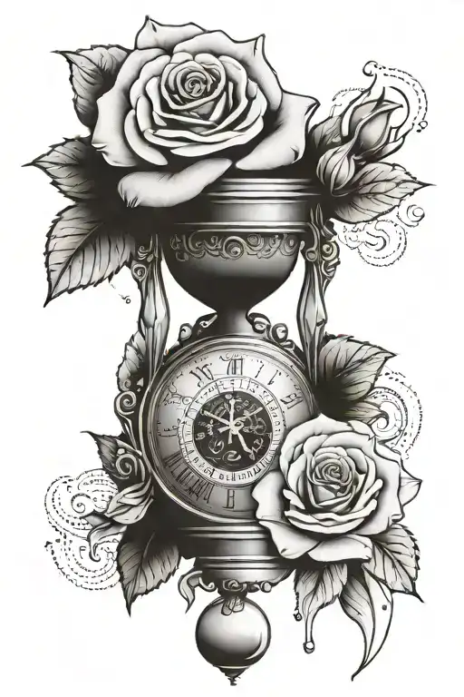 rose clock with date 1972 and 2002 faith hourglass combined tattoo design idea