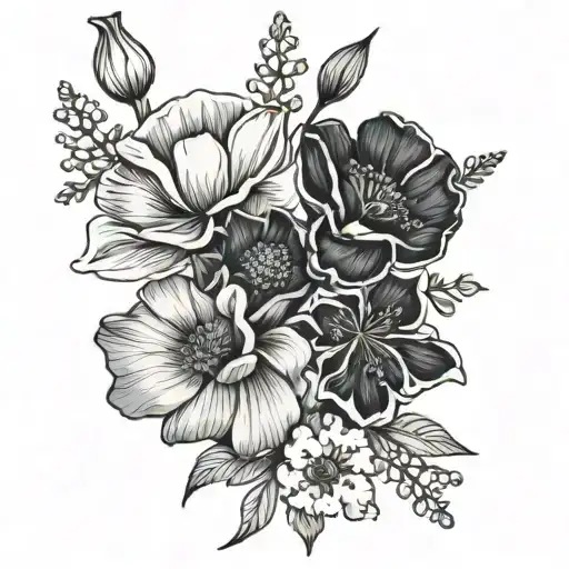 california poppy and dogwood flowers bouquet fine line tattoo design idea