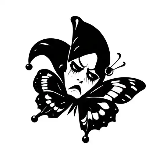 black butterfly resting, sad jester head holding, dagger tattoo design idea