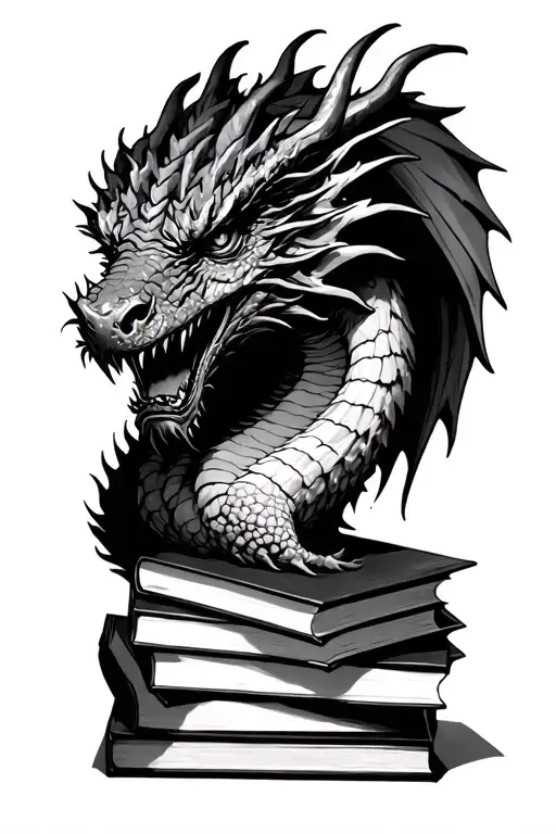 dark romance inspired stack of books with a dragon face coming around  tattoo design idea