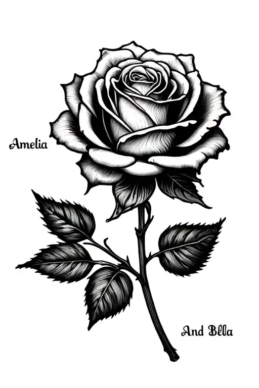 long stem rose with the names Amelia and Bella as the stem tattoo design idea