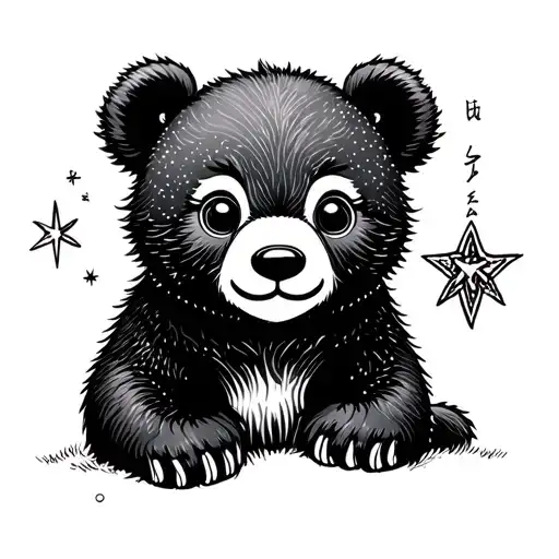 cute bear cub and north star tattoo design idea