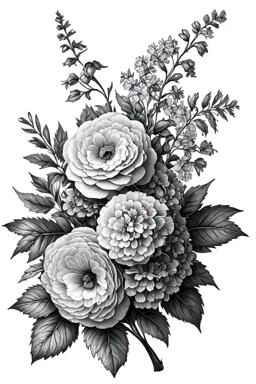 hydrangea ranunculus and delphinium bouquet tattoo design idea