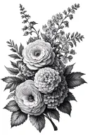 hydrangea ranunculus and delphinium bouquet tattoo design idea