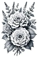 hydrangea ranunculus and delphinium bouquet tattoo design idea