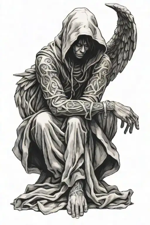 side on angel, fingers interlocked praying, hooded so face is hidden by cloth and full body  tattoo design idea