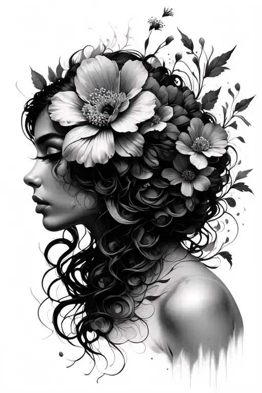 Broken missior woman silioette with a realstic flower head and tiny flowers flowing form the head tattoo design idea